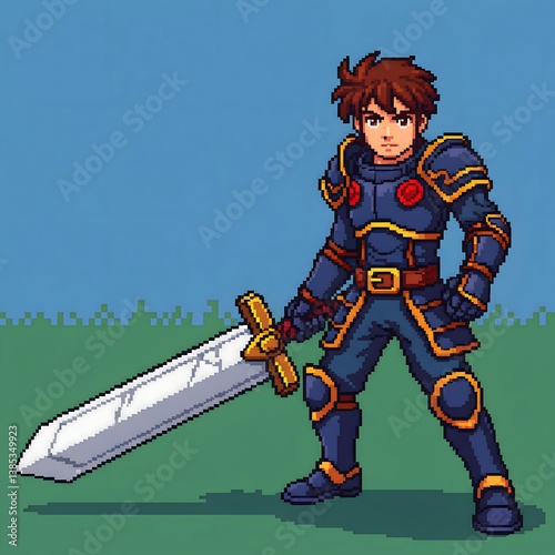 Pixelated Warrior character with sword in hand.