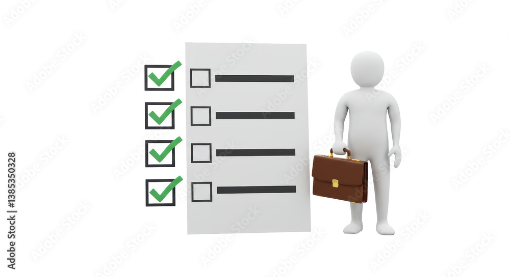 Isolated Stick Figure with Briefcase Next to Checklist