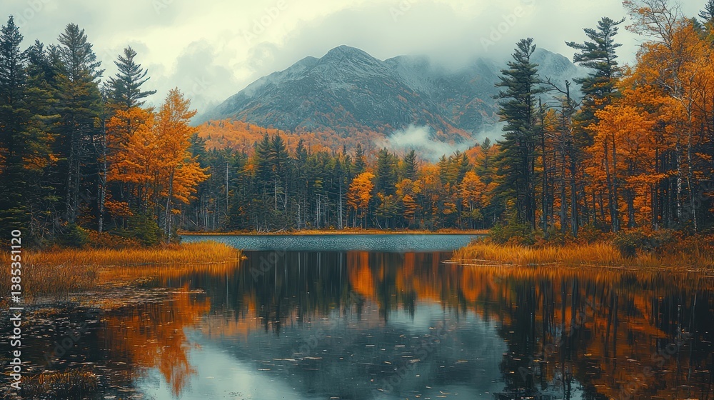 Naklejka premium Autumn lake reflecting mountains, fall foliage, tranquil scene, nature background, ideal for calendars