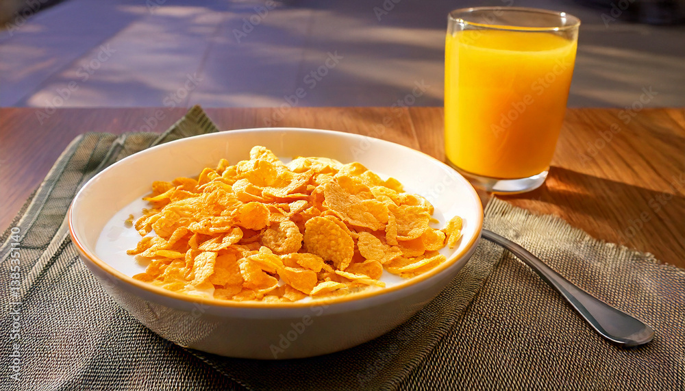 bowl of corn flakes cereal with milk and orange juice