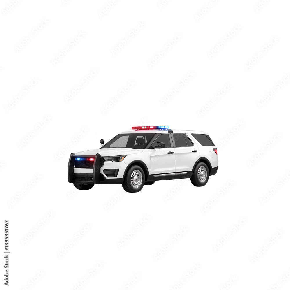 A modern police SUV with flashing lights and a police insignia, suitable for various law enforcement and emergency service themes, on a white isolate background. A modern police SUV with flashing lights and a police insignia, suitable for various law enforcement and emergency service themes, on a white isolate background.