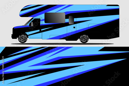 Stylish blue and black patterned RV showcasing modern design against a neutral background