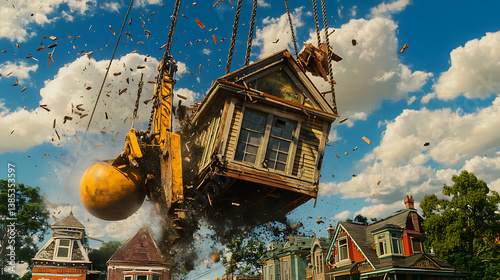 Fragmented House Demolished By A Large Crane Against A Blue Sky During Daytime