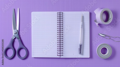 A flat lay of stationery items including scissors, a pen, tape, and a notebook on a purple background.