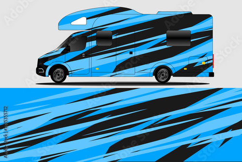 Blue and black striped camper van design illustration with a side view and abstract background