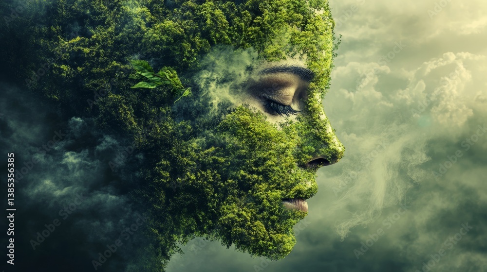Female profile merged with lush forest and fog for poetic Earth Day visuals and ecological storytelling