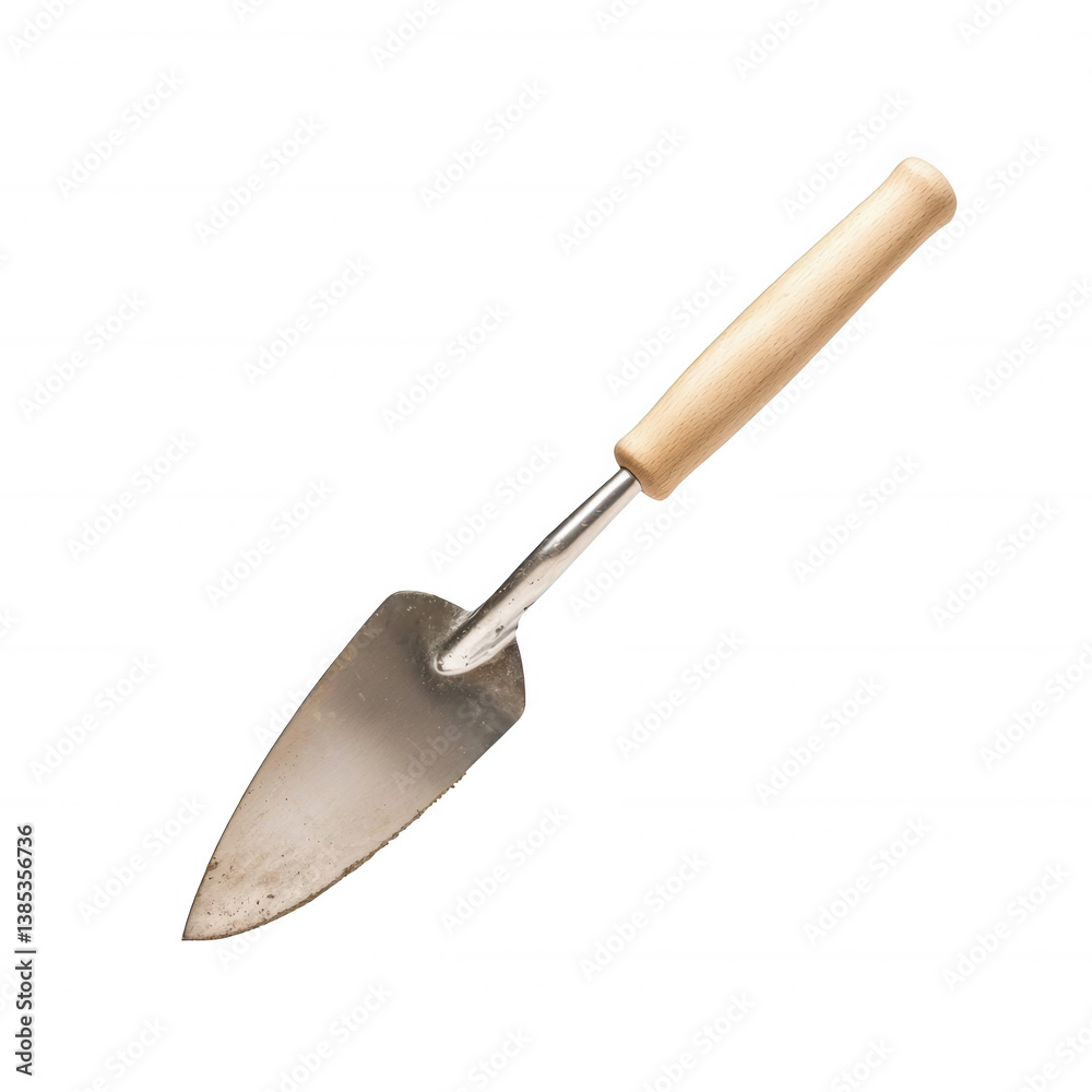 A stainless steel gardening trowel with a wooden handle, ideal for planting and digging in flower beds and vegetable gardens. A stainless steel gardening trowel with a wooden handle, ideal for planting and digging in flower beds and vegetable gardens.