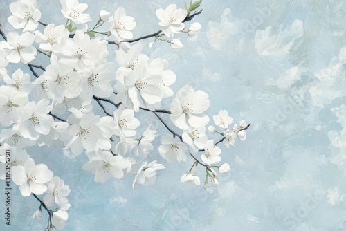 Elegant white flowers bloom on branches against a light blue backdrop