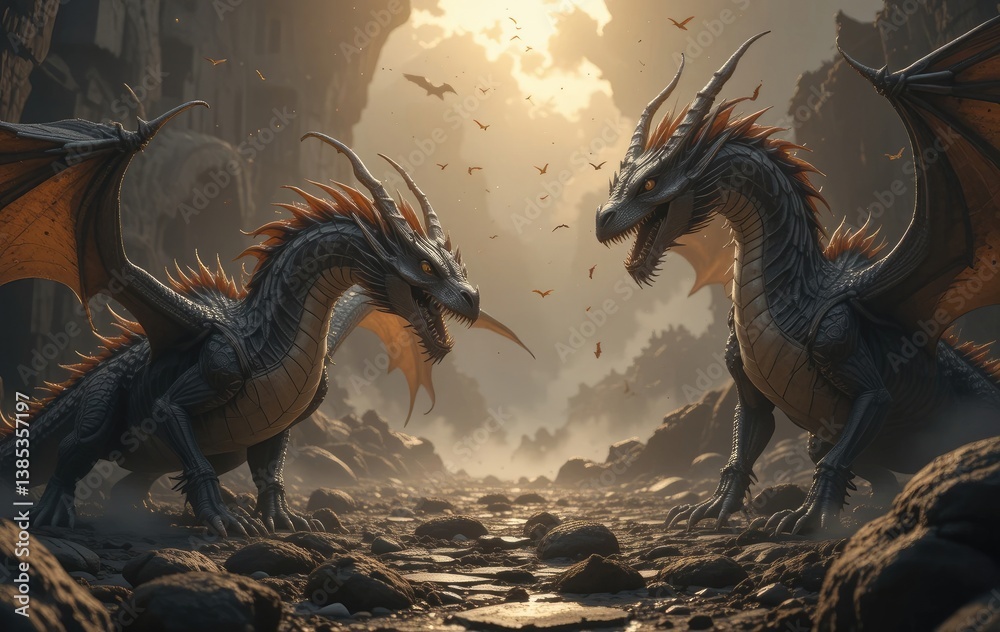 Fototapeta premium Two Dragons Facing Each Other in a Rocky Landscape with Birds Flying