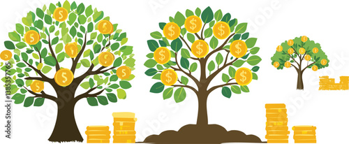 Coins on the tree. Business investment ideas coin tree planting and saving money tree coin tree money growth idea for bank or bank vector illustration.
