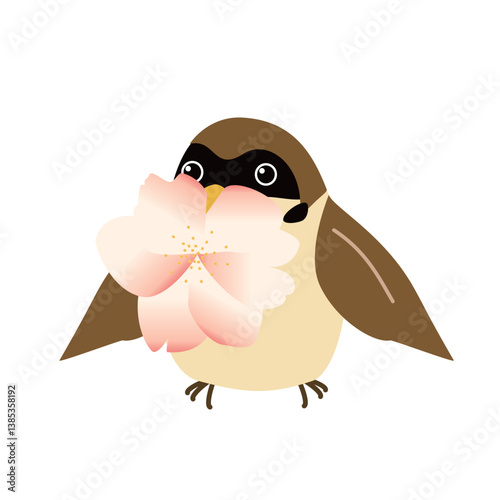 桜の花を咥えるスズメ