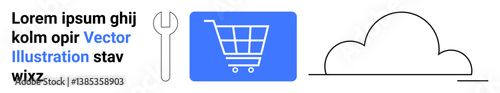 Blue shopping cart icon, wrench tool, and cloud outline design. Ideal for online shopping, cloud storage, technical support, maintenance, e-commerce, digital services technology tools simple