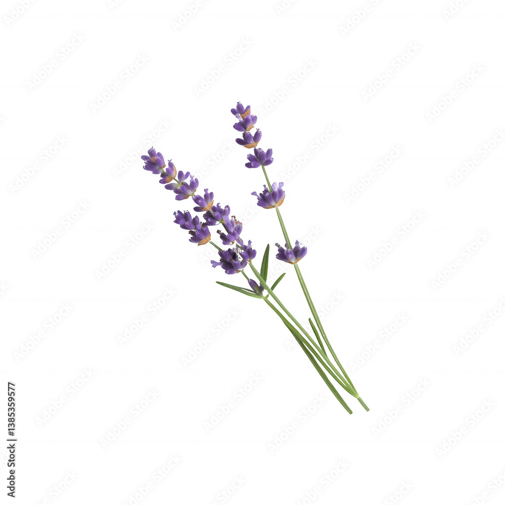 Obraz premium A vibrant cluster of lavender blooms, showcasing delicate purple petals and green stems against a white isolated background, perfect for enhancing any floral-themed design.