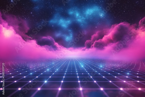 Synthwave wireframe net illustration with smoke or fog. Abstract digital background. 80s, 90s Retro futurism, Retro wave cyber grid. Deep space surfaces. Neon lights glowing. Starry background, Genera