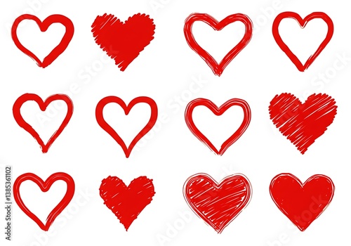 A collection of hand-drawn red hearts, expressing love and affection with variations in style and fill.