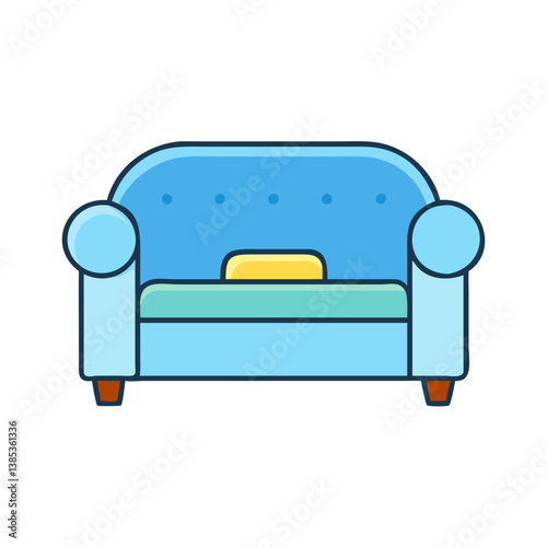 Blue sofa couch with yellow pillow vector illustration for home furniture and living room decor ideas