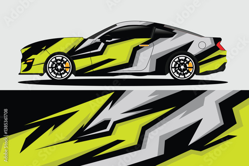 Stylishly designed sports car with vibrant graphics parked against a neutral background
