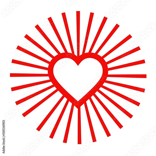 A radiant heart bursting with love and warmth, a bold graphic design in vibrant red against a stark white background.