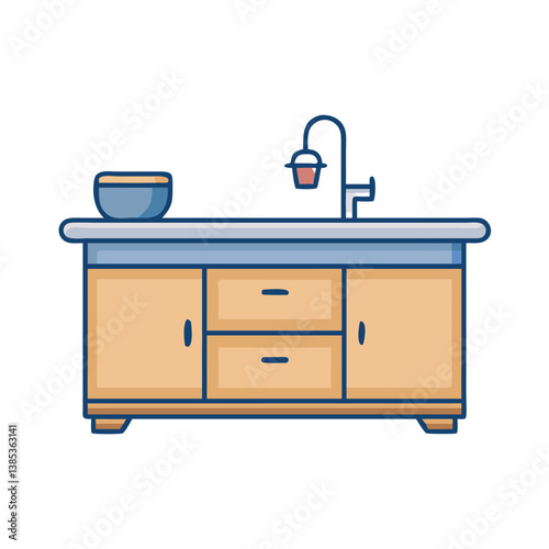 Bathroom vanity cabinet sink with faucet and bowl vector illustration for interior design ideas