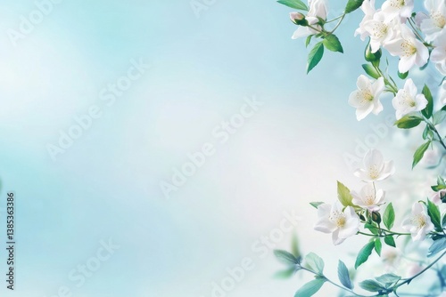 Beautiful white flower blossoms on a light blue background