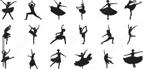 Ballerina Dance Silhouette Icon Set – Transparent Background Vector Illustration, A collection of elegant ballerina dance silhouette icons in various poses on a transparent background vector illustr

