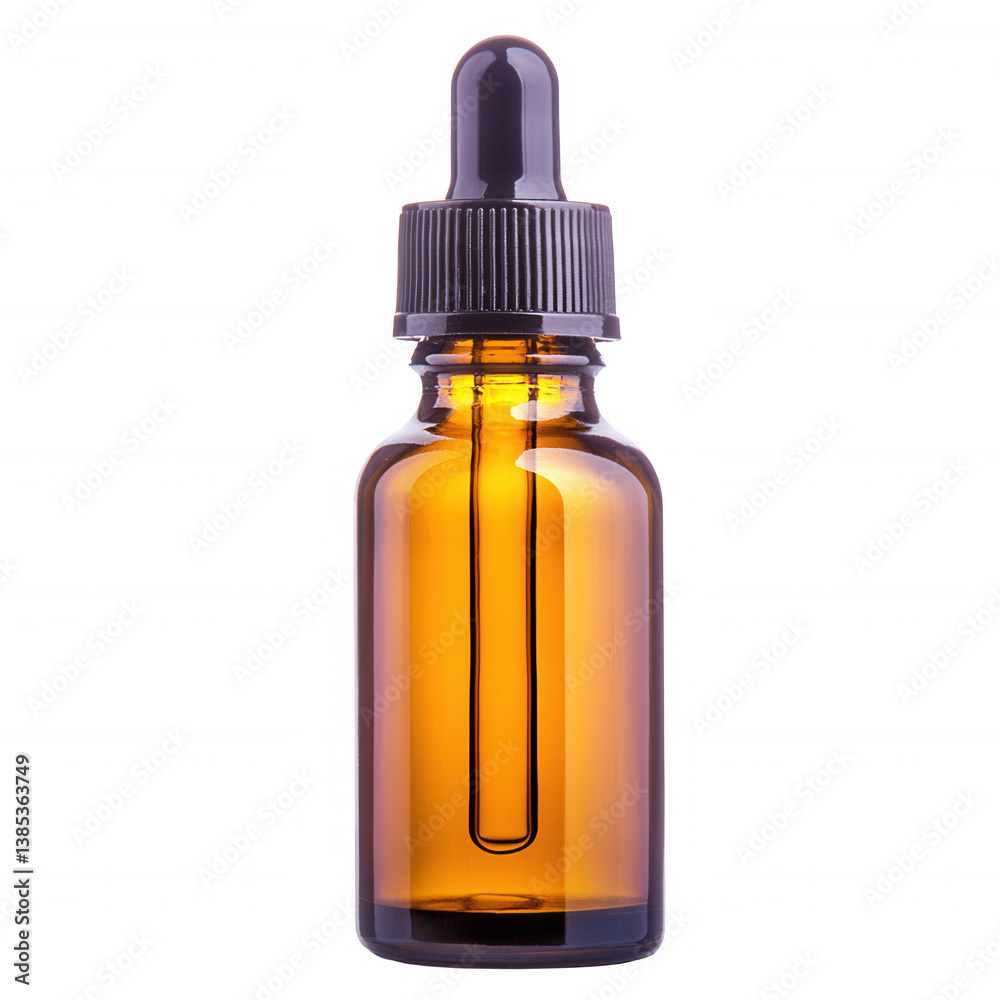 Fototapeta premium Amber glass dropper bottle isolated on white background, perfect for essential oils, serums, or tinctures.