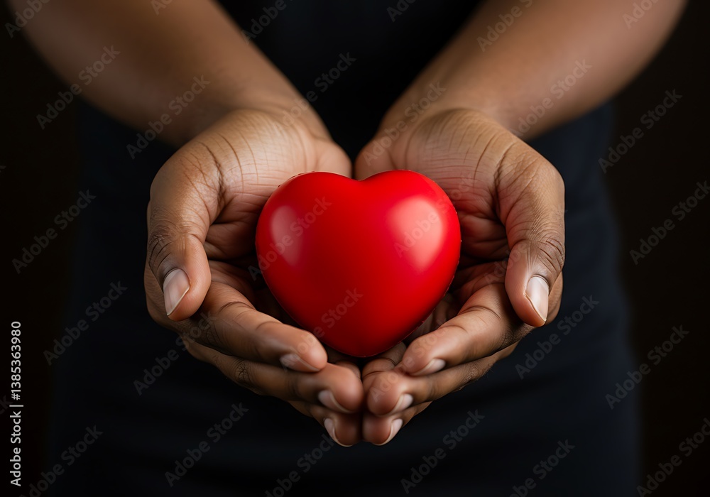 Tender hands offering a vibrant red heart, a symbol of love, compassion, and hope against a dark background. Tender hands offering a vibrant red heart, a symbol of love, compassion, and hope against a dark background.