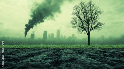 Obraz na płótnie Single tree standing against polluted skyline symbolizing hope and resilience on Earth Day w salonie