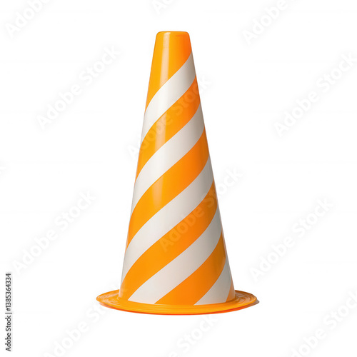 An orange and white striped traffic cone isolated on a white background, commonly used for road safety and construction zones. photo
