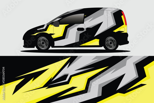 Stylishly designed van with striking yellow and gray graphics parked against a neutral backdrop