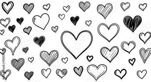 A playful scattering of hand-drawn hearts, a joyful expression of affection in various sizes and textures, a simple black and white design.