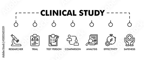 CLINICAL STUDY banner web icon vector illustration concept for clinical trial research with an icon of researcher, trial, test person, comparison group, analysis, effectivity, and safeness