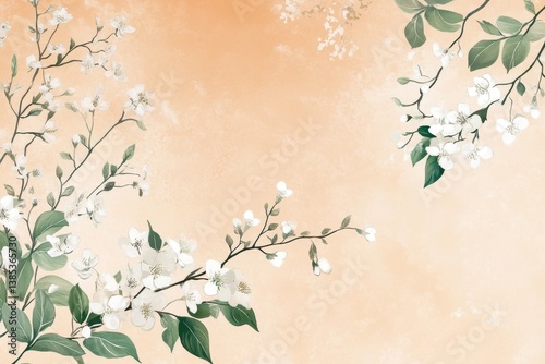 Watercolor painting showing white flowers with green leaves on branches