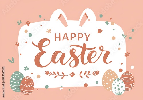 A cheerful Easter greeting featuring a bunny-shaped frame, warm-toned eggs, and a hand-lettered 