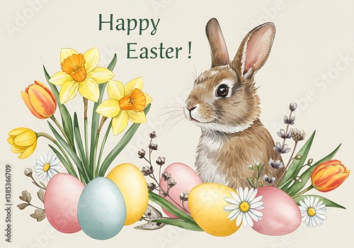 A gentle Easter bunny nestled among vibrant spring blooms and pastel eggs, a sweet celebration of new life and springtime joy with soft watercolor style.