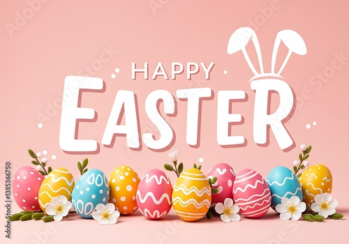 A cheerful Easter greeting featuring vibrantly colored eggs and a playful bunny design on a soft pink background.