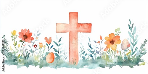 Christian cross clipart with watercolor Easter theme border and banner, Generative AI
