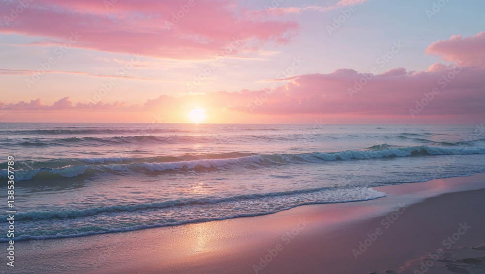 Calm beach with gentle waves and pastel sky at sunset