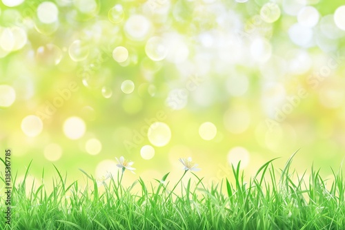A vibrant green landscape with blurred background and small flowers