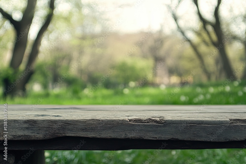 A weathered wooden surface frames a green outdoor natural background A weathered wooden surface frames a green outdoor natural background