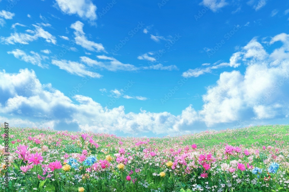 A beautiful meadow filled with colorful flowers under blue skies A beautiful meadow filled with colorful flowers under blue skies