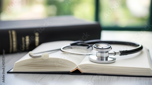 Open book with stethoscope, medical consultation, blurred background, for stock photography