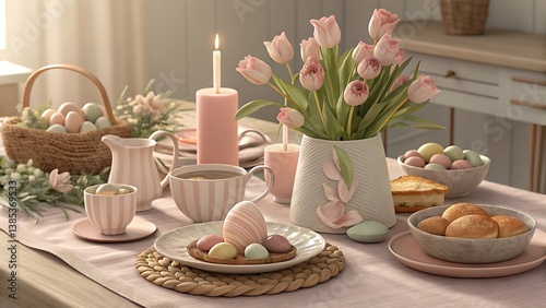 Easter Table Setting with Pastel Colors and Tulips