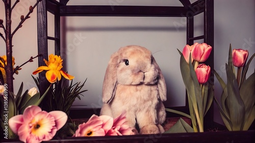 Domestic Rabbit with Spring Flowers