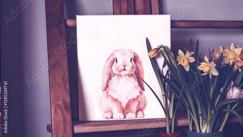 Watercolor Painting of Rabbit with Daffodils