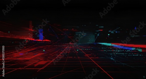 Generative AI, Glitch art style distorted grid with RGB color separation, noisy and broken lines, unstable and cyber atmosphere. Background image.