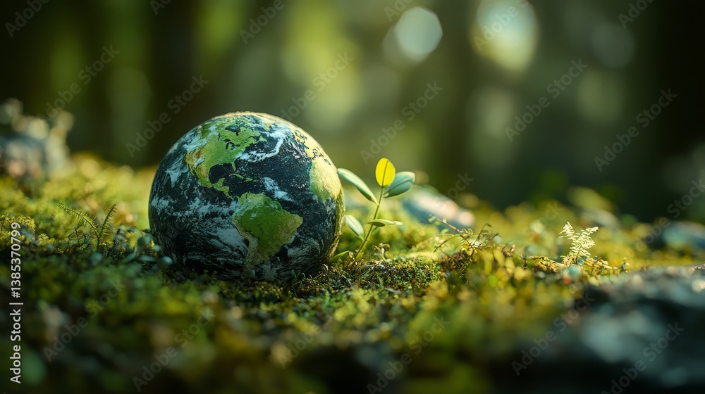 Miniature planet Earth resting on forest moss beside a small sprout, perfect for Earth Day eco campaigns