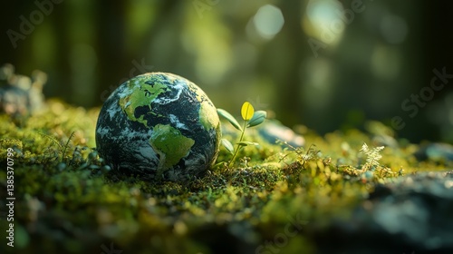 Obraz na płótnie Miniature planet Earth resting on forest moss beside a small sprout, perfect for Earth Day eco campaigns w salonie