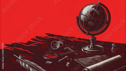 Globe, Quill, and Papers on Red Background