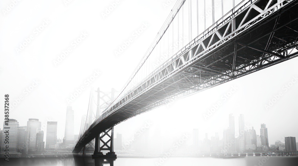 Obraz premium A Monochromatic Cityscape: Bridge Over Foggy Skyline